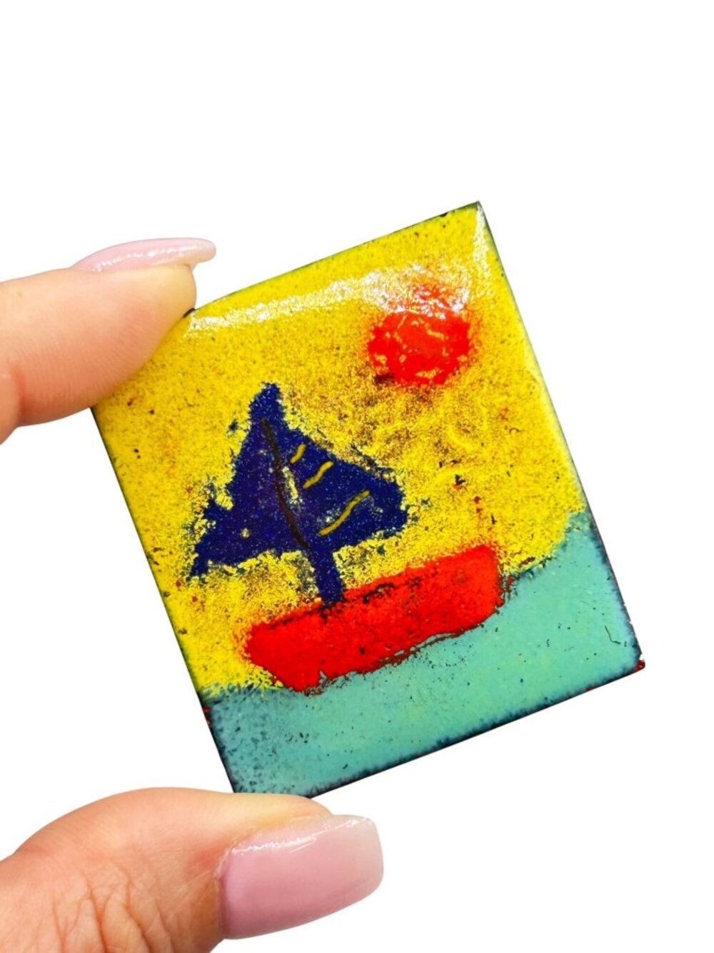 Vintage Wearable Art Pin Brooch Enamel On Copper Sailboat One Of A Kind